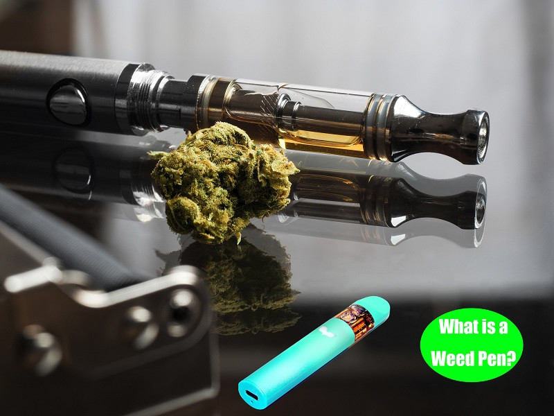 A close-up shot of a disassembled weed pen, showcasing the battery, atomizer, heating chamber, and mouthpiece.