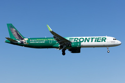 Frontier Airlines Airbus A321-271NX featuring &quot;Frederick the Bald Eagle&quot; animal tail, emphasizing its modern design, fuel efficiency, and commitment to being America's Green Airline.