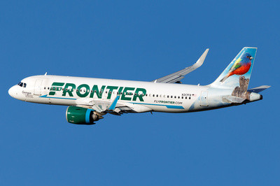 Frontier Airlines Airbus A320-251N with &quot;Georgia the Painted Bunting&quot; animal tail, highlighting the airline's commitment to future innovation, sustainability, and enhancing passenger experience.