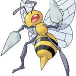 Beedrill artwork by Ken Sugimori with a dynamic pose, showcasing its stingers and wings