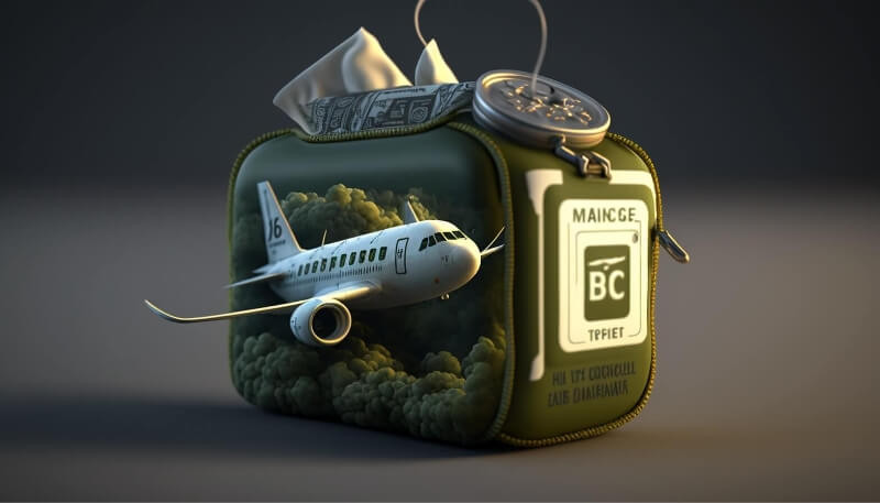 A green bag with a plane inside it holding nicotine pouches to represent the idea of biringing nicotine pouches on a plane. The pouch is VELO Crispy Peppermint, known for the most customer's favourite choice