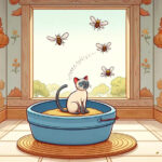 Flies swarming around a dirty cat litter box, rendered in a photorealistic style.