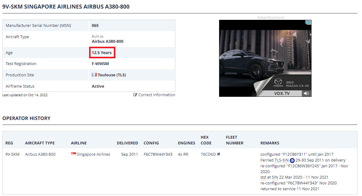 Singapore A380 9V-SKM History