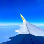 A view of the wing of a Spirit flight in the air