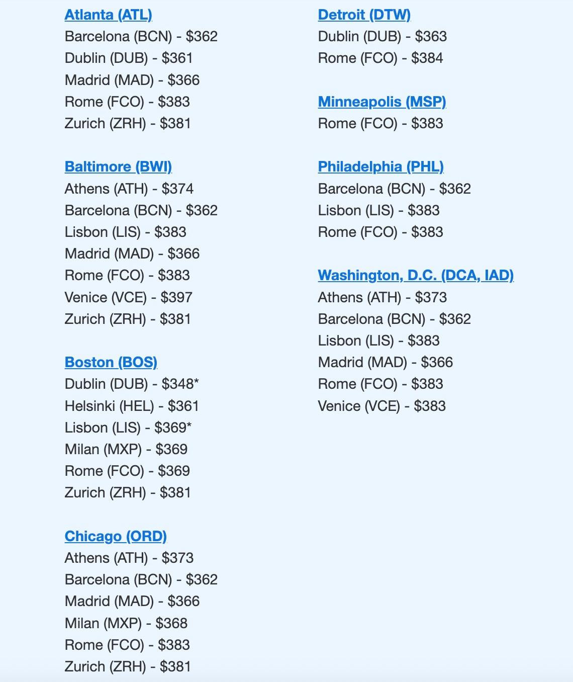 Calendar view of flight prices on Google Flights