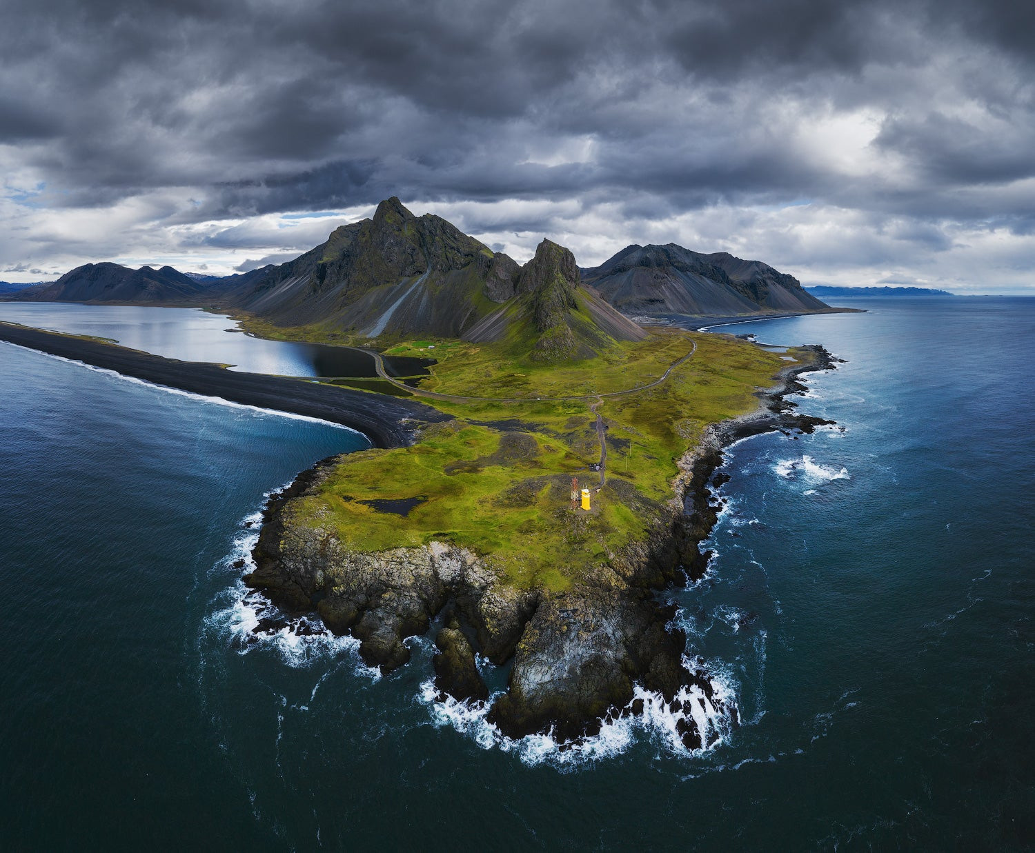 Aerial view of Iceland landscape featuring a winding river